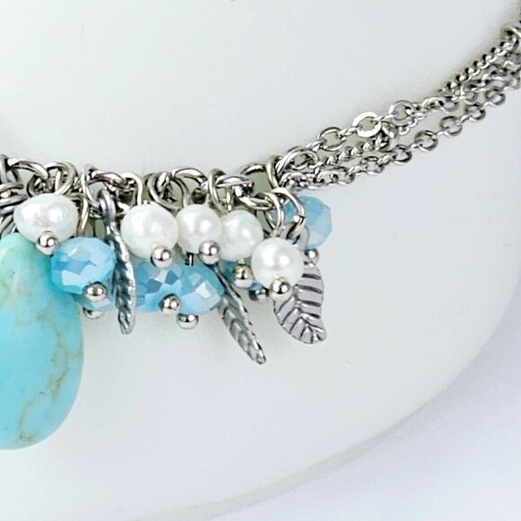 Silver Leaf Charm Bracelet With Turquoise Blue Stone And Beaded Accents NWT - Picture 4 of 12
